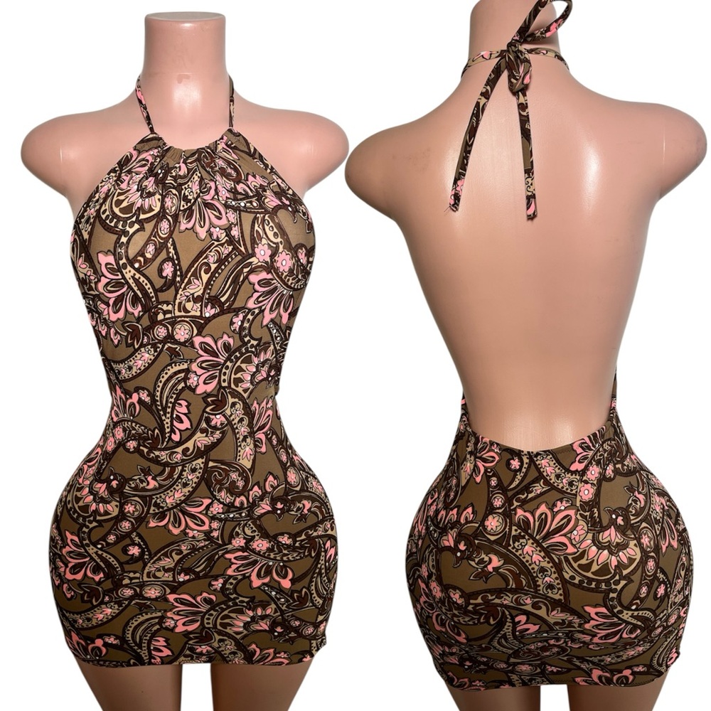 Floral Halter Neck Dress - Brown and Pink